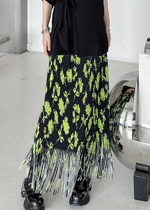 Stylish Green Print Tasseled Patchwork Cotton Maxi Skirts Summer Ada Fashion