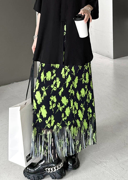 Stylish Green Print Tasseled Patchwork Cotton Maxi Skirts Summer Ada Fashion