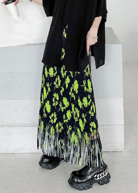 Stylish Green Print Tasseled Patchwork Cotton Maxi Skirts Summer Ada Fashion