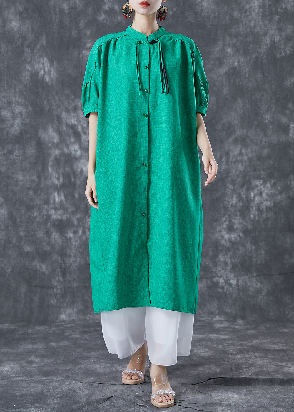 Stylish Green Stand Collar Oversized Tassel Cotton Shirt Dress Summer LY5041 - fabuloryshop