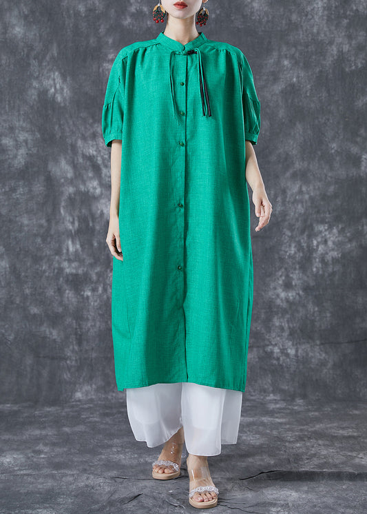 Stylish Green Stand Collar Oversized Tassel Cotton Shirt Dress Summer LY5041 - fabuloryshop