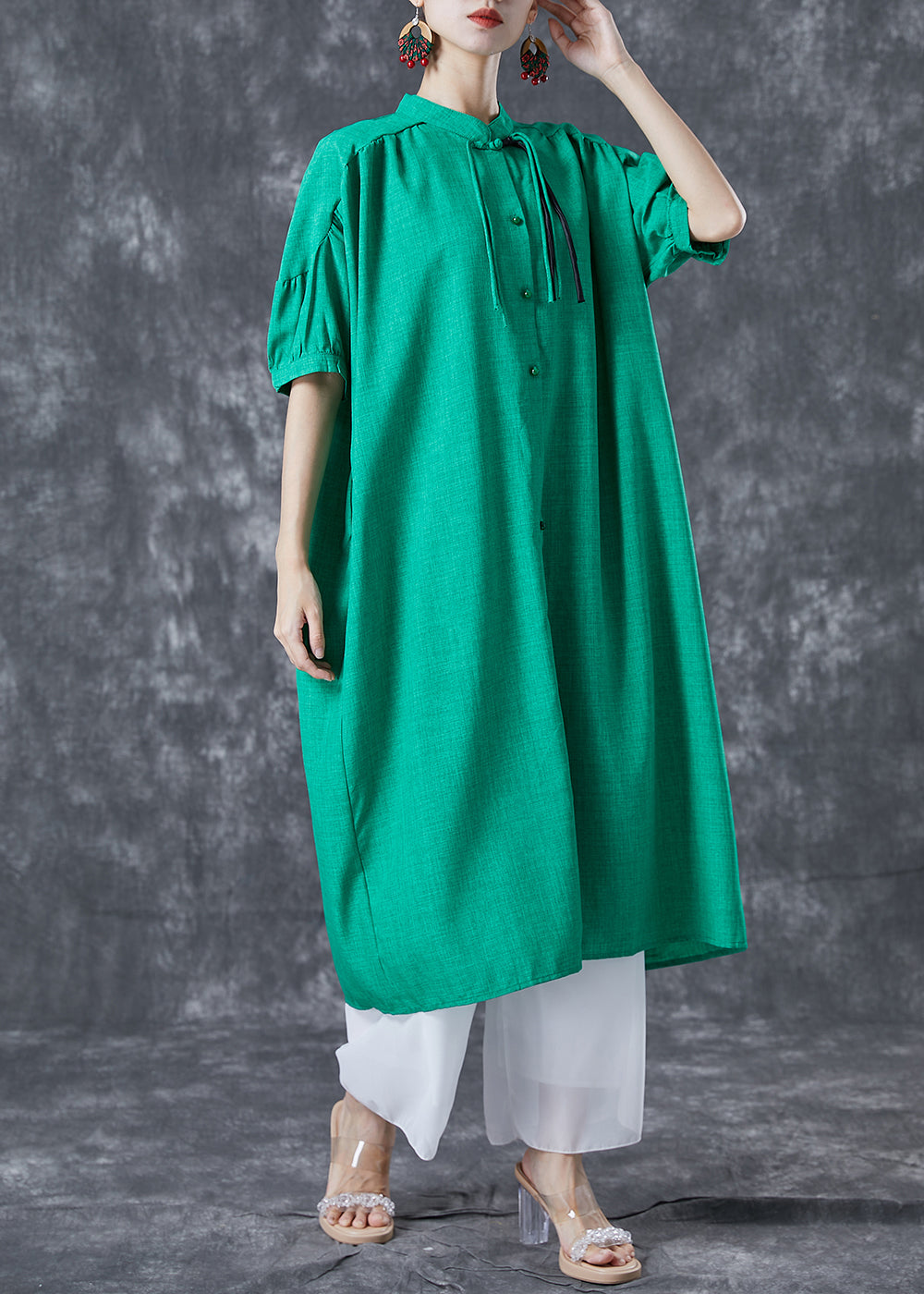 Stylish Green Stand Collar Oversized Tassel Cotton Shirt Dress Summer LY5041 - fabuloryshop