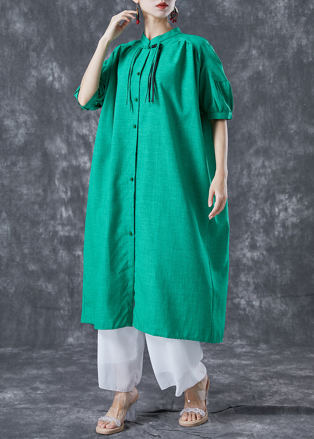 Stylish Green Stand Collar Oversized Tassel Cotton Shirt Dress Summer LY5041 - fabuloryshop