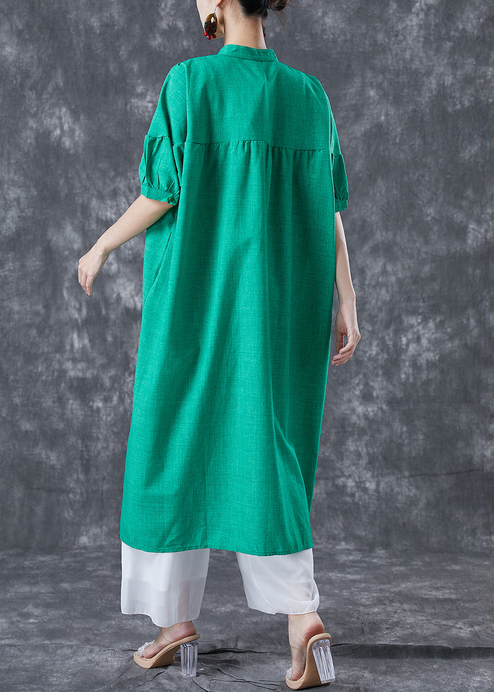 Stylish Green Stand Collar Oversized Tassel Cotton Shirt Dress Summer LY5041 - fabuloryshop