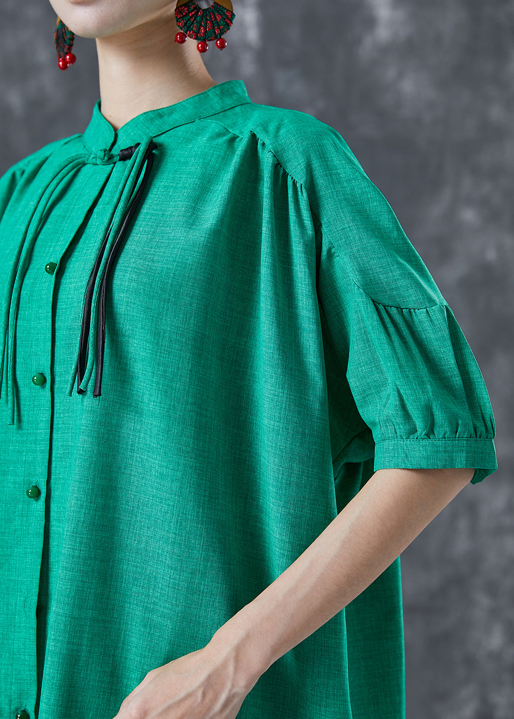 Stylish Green Stand Collar Oversized Tassel Cotton Shirt Dress Summer LY5041 - fabuloryshop