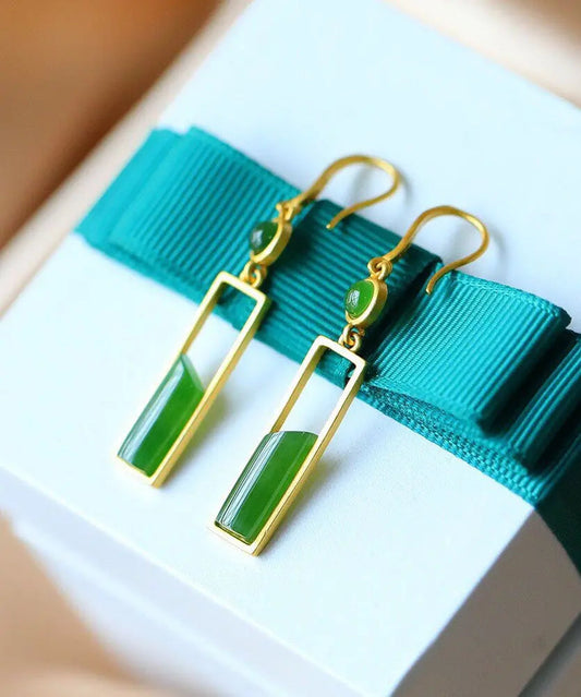 Stylish Green Sterling Silver Inlaid Jade Gem Stone Drop Earrings Ada Fashion