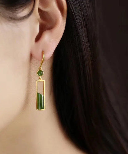 Stylish Green Sterling Silver Inlaid Jade Gem Stone Drop Earrings Ada Fashion