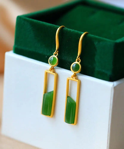 Stylish Green Sterling Silver Inlaid Jade Gem Stone Drop Earrings Ada Fashion