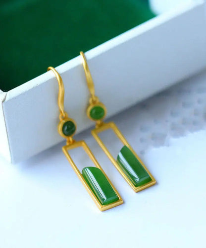 Stylish Green Sterling Silver Inlaid Jade Gem Stone Drop Earrings Ada Fashion