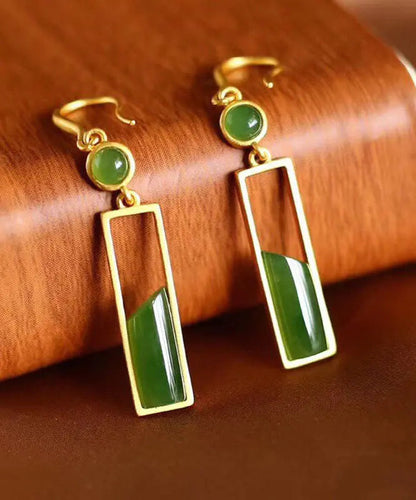 Stylish Green Sterling Silver Inlaid Jade Gem Stone Drop Earrings Ada Fashion