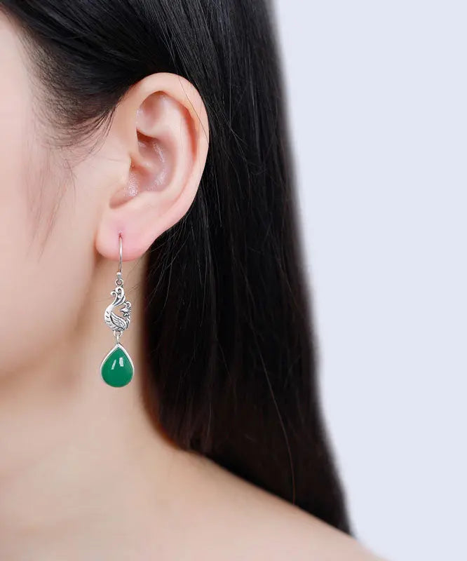 Stylish Green Sterling Silver Inlaid Water Drop Chalcedony Drop Earrings Ada Fashion