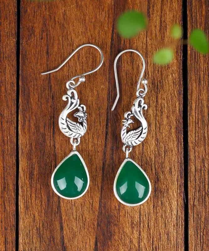 Stylish Green Sterling Silver Inlaid Water Drop Chalcedony Drop Earrings Ada Fashion