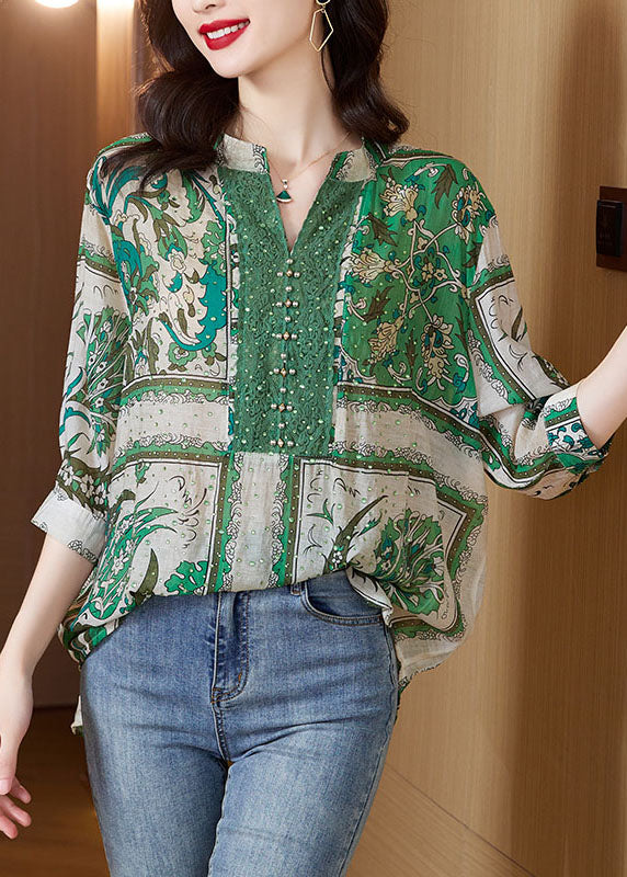 Stylish Green V Neck Print Zircon Patchwork Cotton Tops Summer LY5645 - fabuloryshop