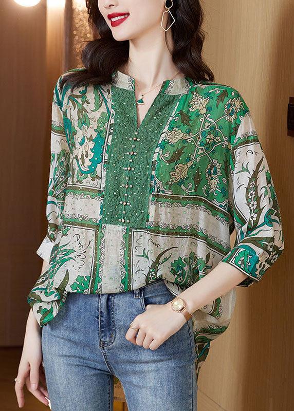 Stylish Green V Neck Print Zircon Patchwork Cotton Tops Summer LY5645 - fabuloryshop