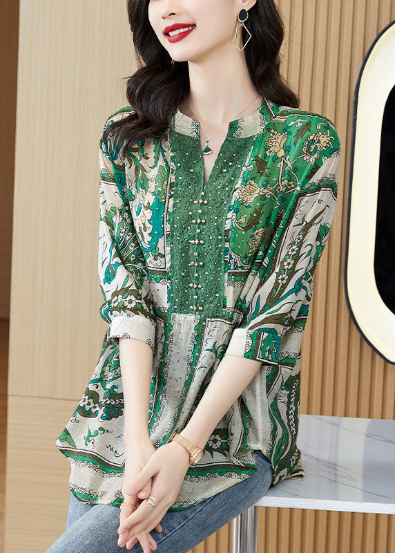 Stylish Green V Neck Print Zircon Patchwork Cotton Tops Summer LY5645 - fabuloryshop