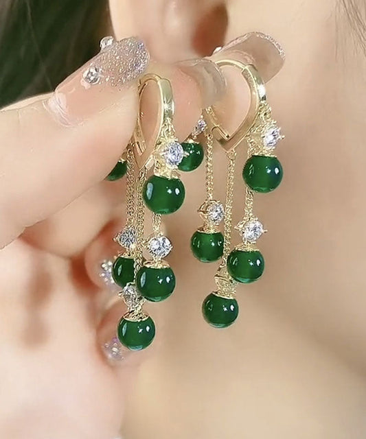 Stylish Green Zircon Overgild Gem Stone Tassel Drop Earrings Ada Fashion