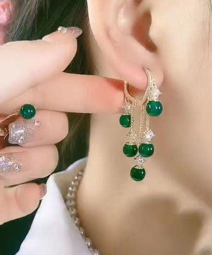 Stylish Green Zircon Overgild Gem Stone Tassel Drop Earrings Ada Fashion