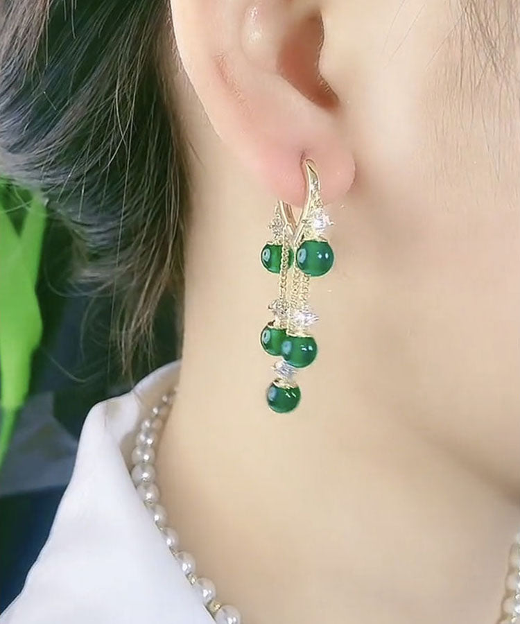 Stylish Green Zircon Overgild Gem Stone Tassel Drop Earrings Ada Fashion