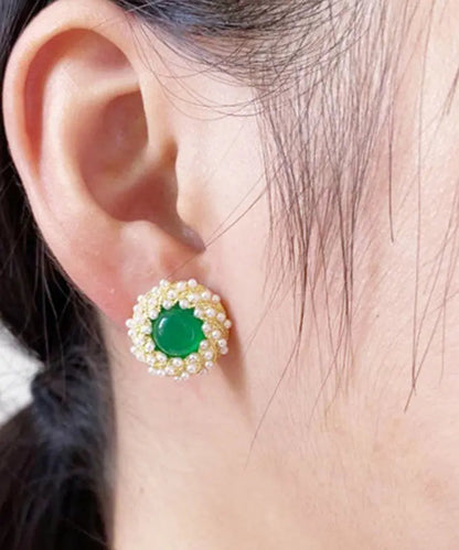 Stylish Green Zircon Pearl Agate Stud Earrings Ada Fashion