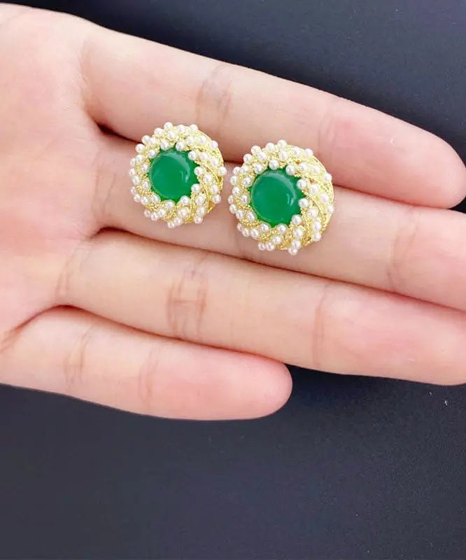 Stylish Green Zircon Pearl Agate Stud Earrings Ada Fashion