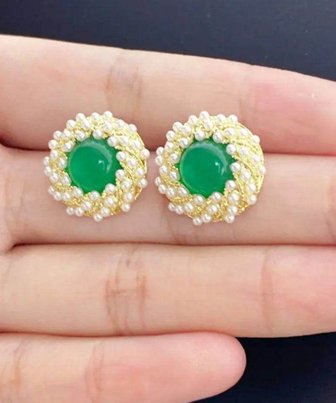 Stylish Green Zircon Pearl Agate Stud Earrings Ada Fashion