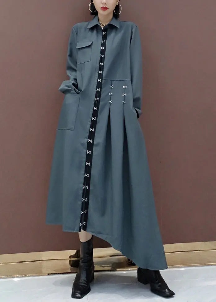 Stylish Grey Asymmetrical Patchwork Cotton Shirts Dress Fall Ada Fashion