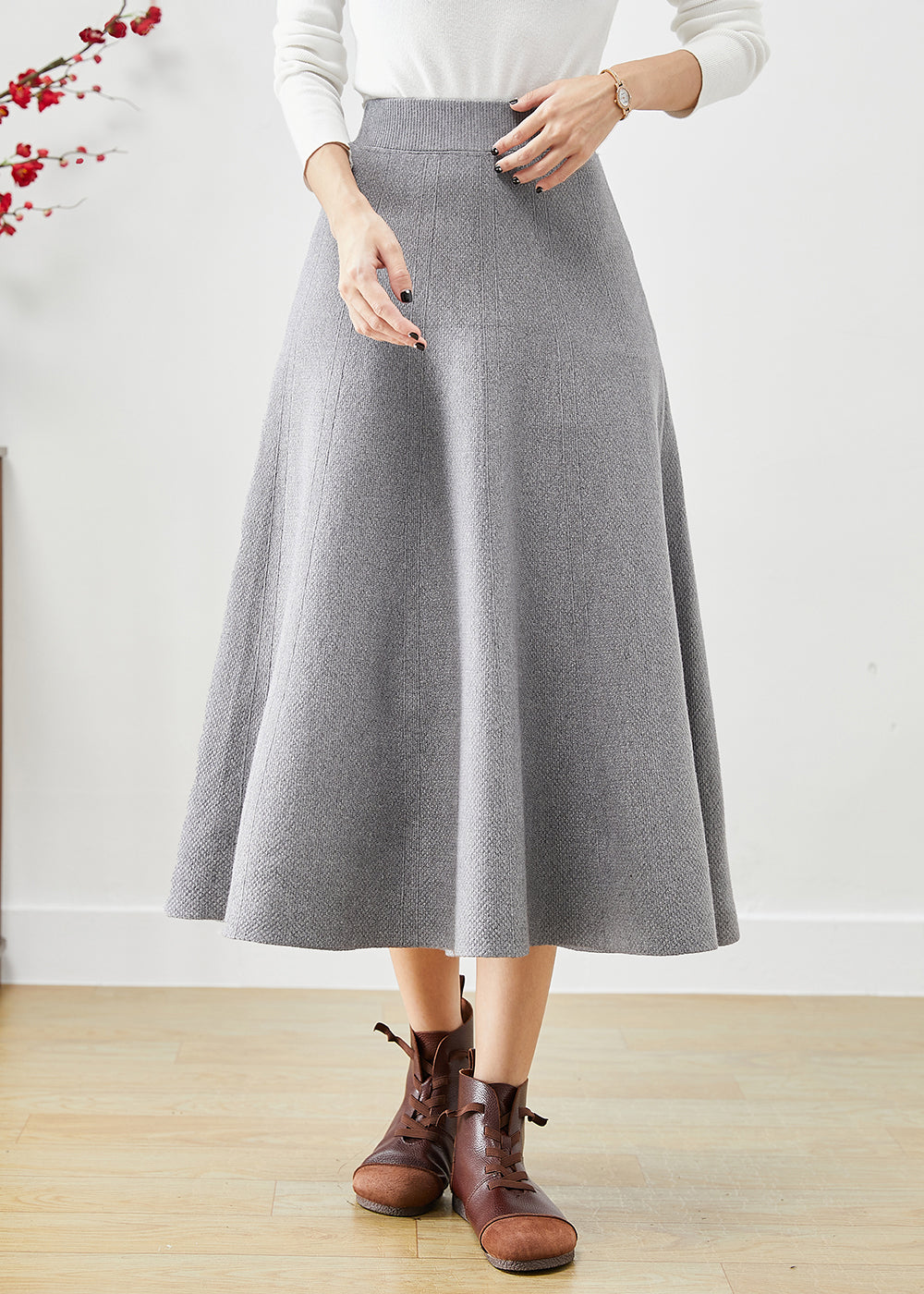 Stylish Grey Elastic Waist Exra Large Hem Cotton Skirt Fall Ada Fashion