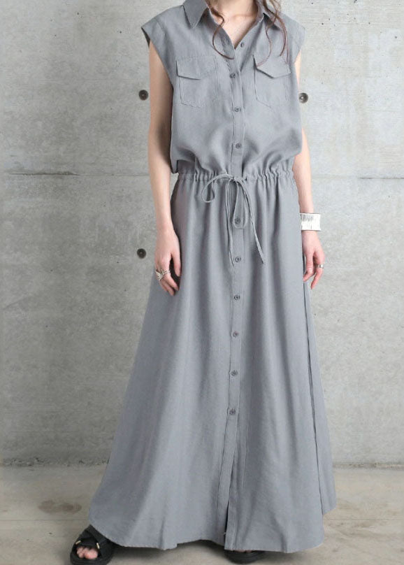 Stylish Grey Peter Pan Collar Patchwork Drawstring Cotton Dresses Sleeveless LY2135 - fabuloryshop