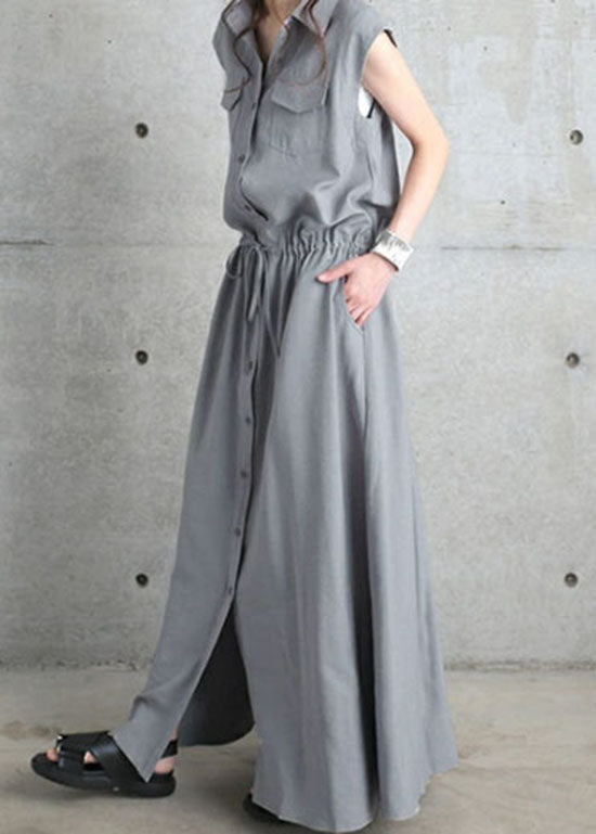 Stylish Grey Peter Pan Collar Patchwork Drawstring Cotton Dresses Sleeveless LY2135 - fabuloryshop