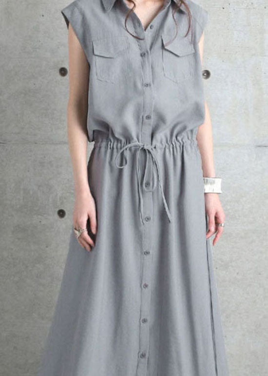 Stylish Grey Peter Pan Collar Patchwork Drawstring Cotton Dresses Sleeveless LY2135 - fabuloryshop