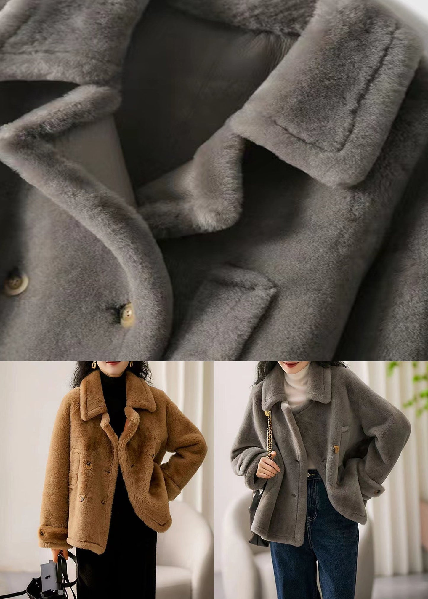 Stylish Grey Peter Pan Collar Pockets Patchwork Wool Coats Winter Ada Fashion