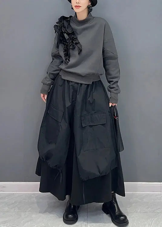 Stylish Grey Ruffled Sweatshirt And Black Skirts Cotton Two Piece Set Fall Ada Fashion