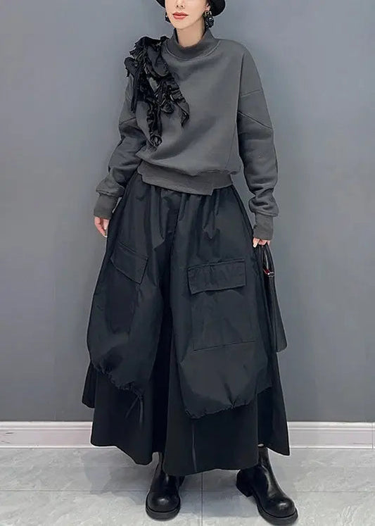 Stylish Grey Ruffled Sweatshirt And Black Skirts Cotton Two Piece Set Fall Ada Fashion