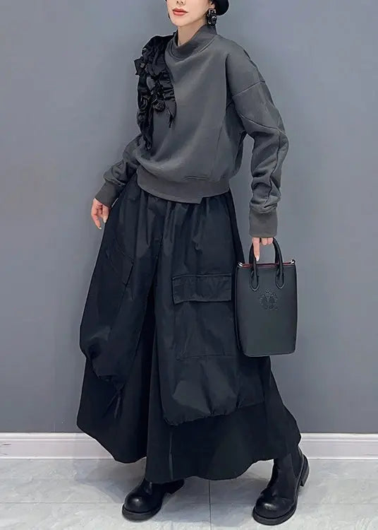 Stylish Grey Ruffled Sweatshirt And Black Skirts Cotton Two Piece Set Fall Ada Fashion