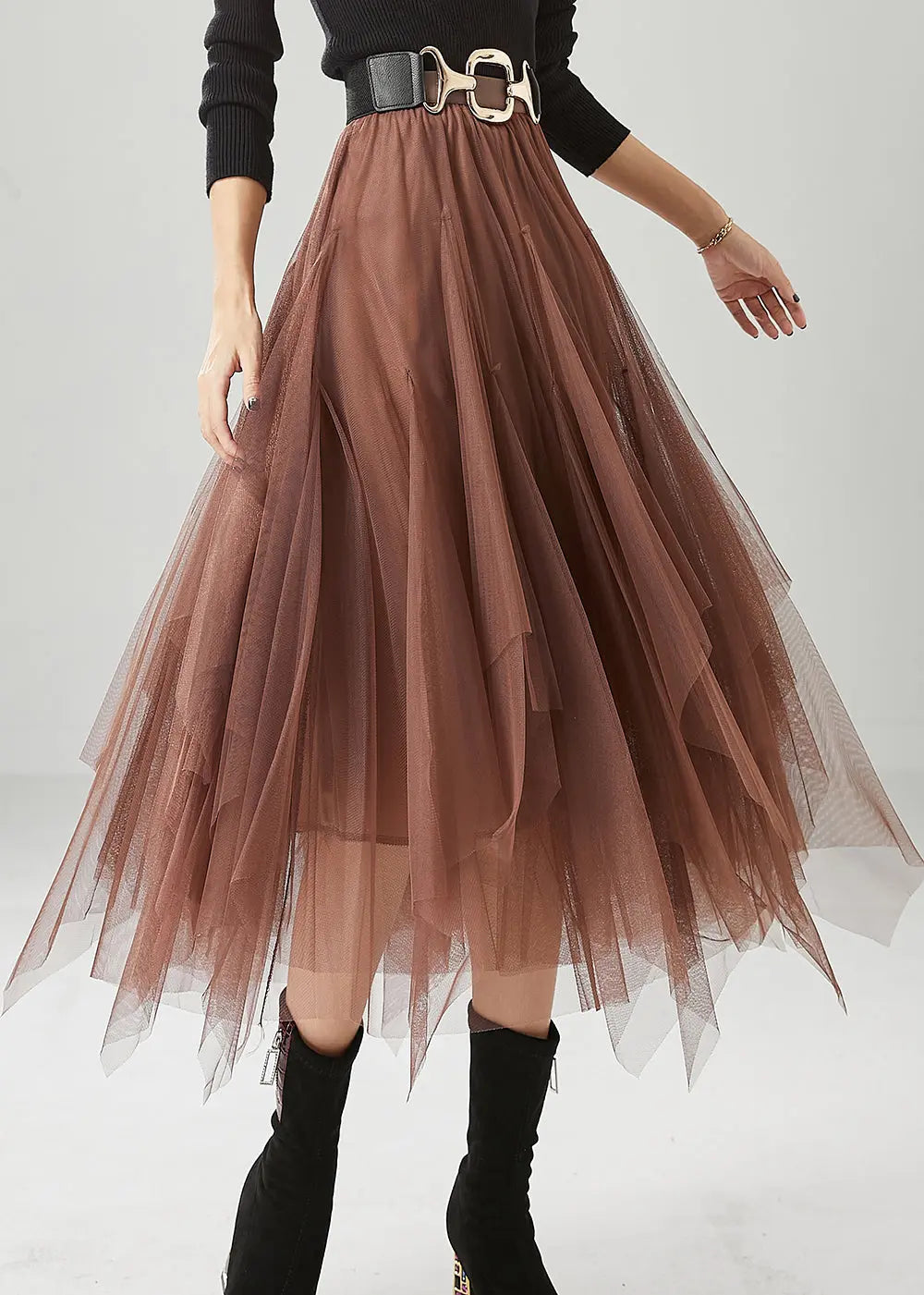 Stylish Khaki Asymmetrical Exra Large Hem Tulle Skirt Fall Ada Fashion