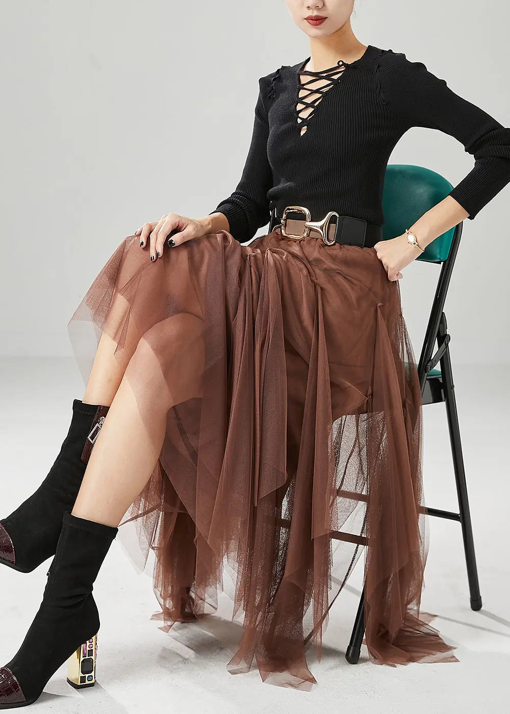 Stylish Khaki Asymmetrical Exra Large Hem Tulle Skirt Fall Ada Fashion