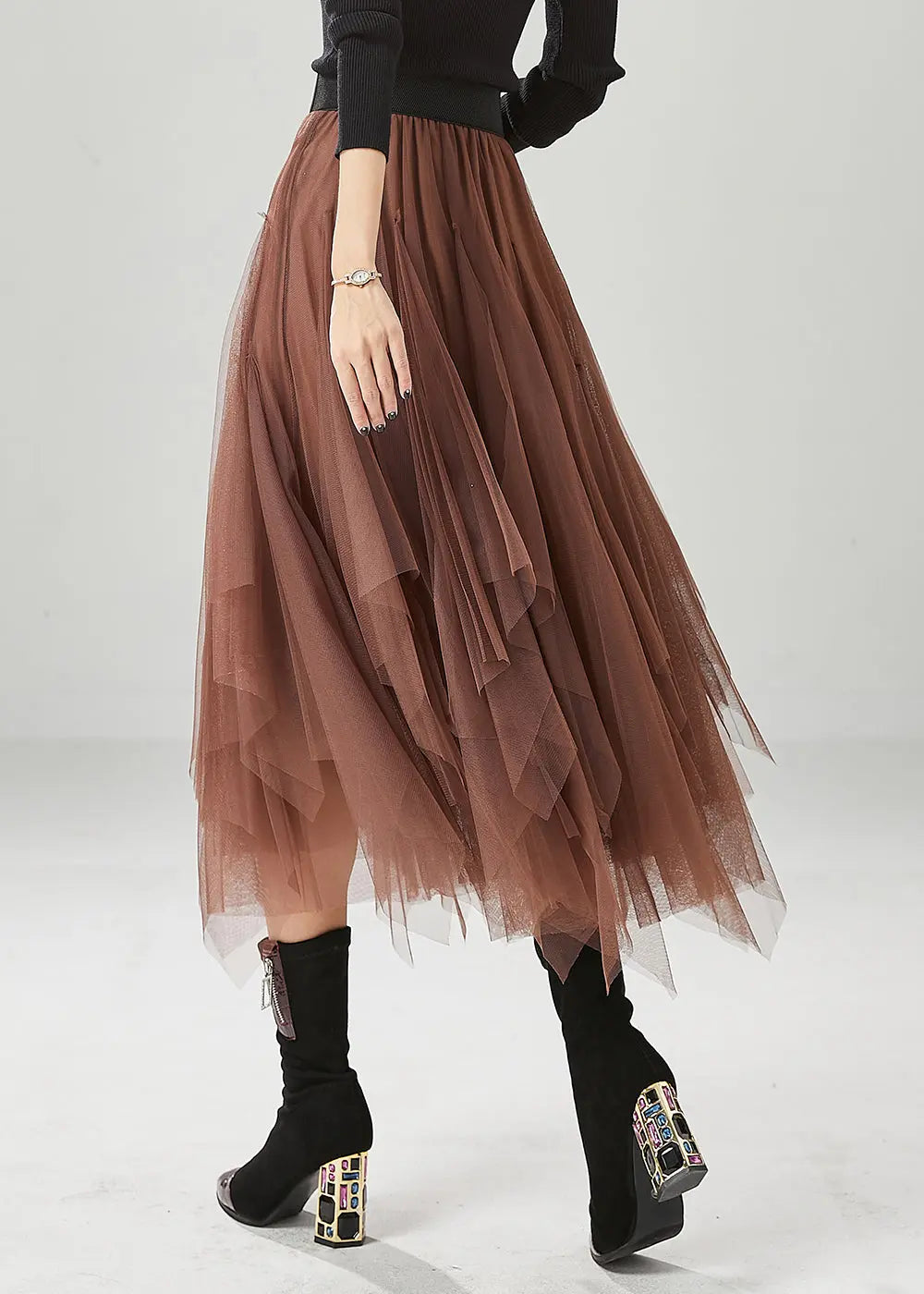 Stylish Khaki Asymmetrical Exra Large Hem Tulle Skirt Fall Ada Fashion