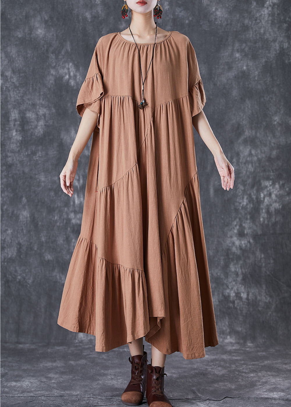 Stylish Khaki Asymmetrical Wrinkled Cotton Party Dress Flare Sleeve TD1062 - fabuloryshop