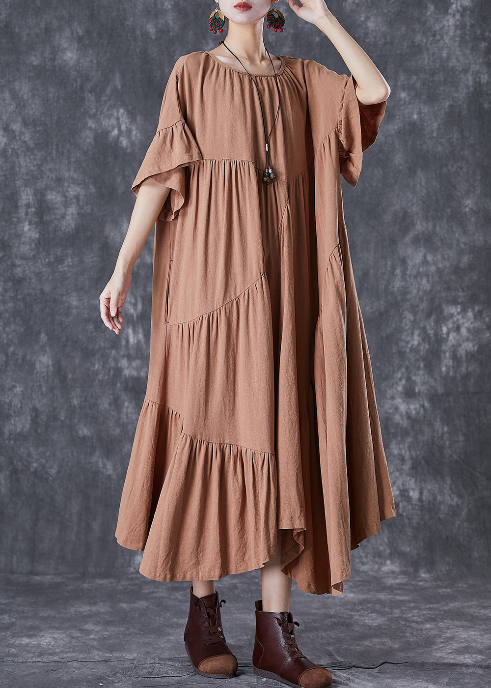 Stylish Khaki Asymmetrical Wrinkled Cotton Party Dress Flare Sleeve TD1062 - fabuloryshop