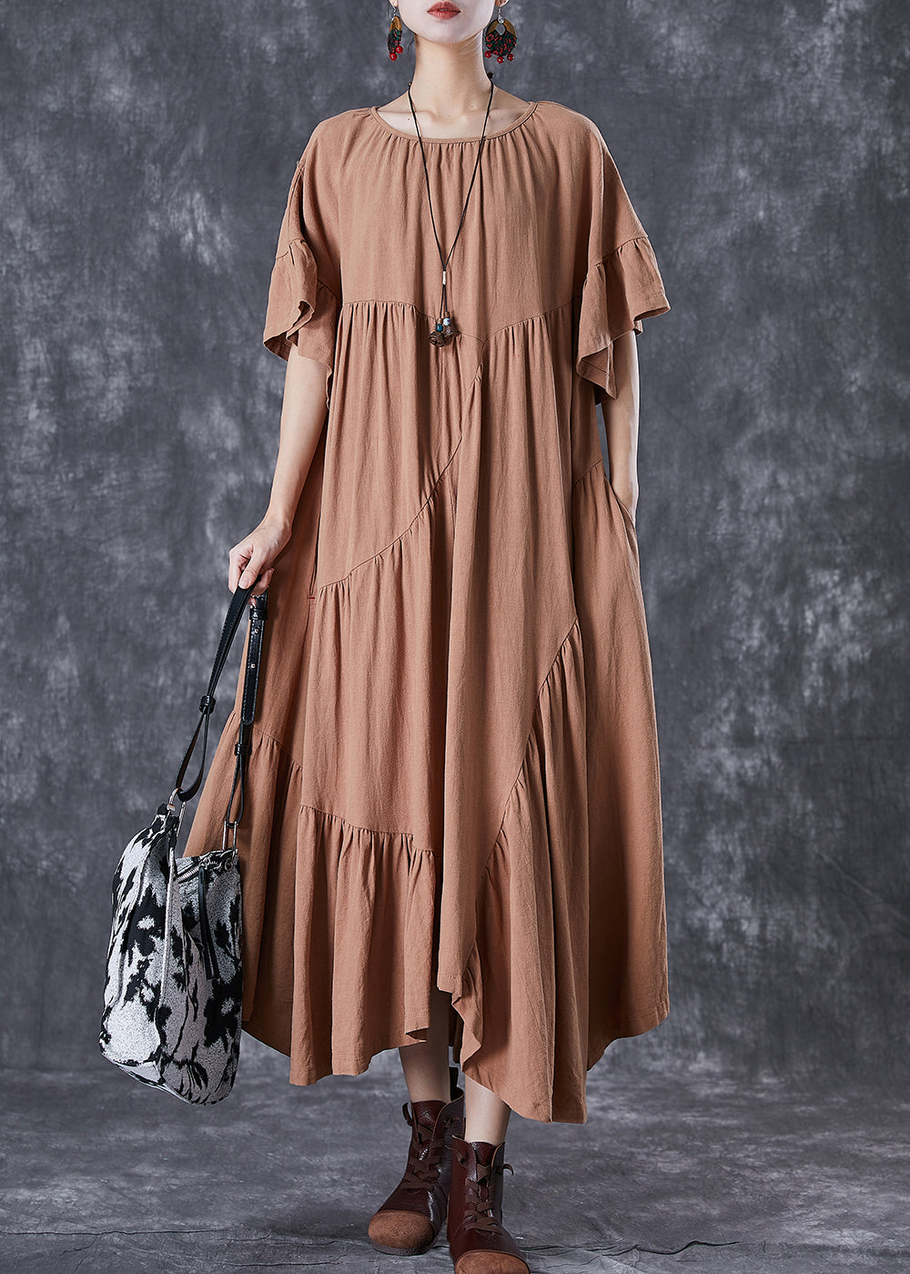 Stylish Khaki Asymmetrical Wrinkled Cotton Party Dress Flare Sleeve TD1062 - fabuloryshop