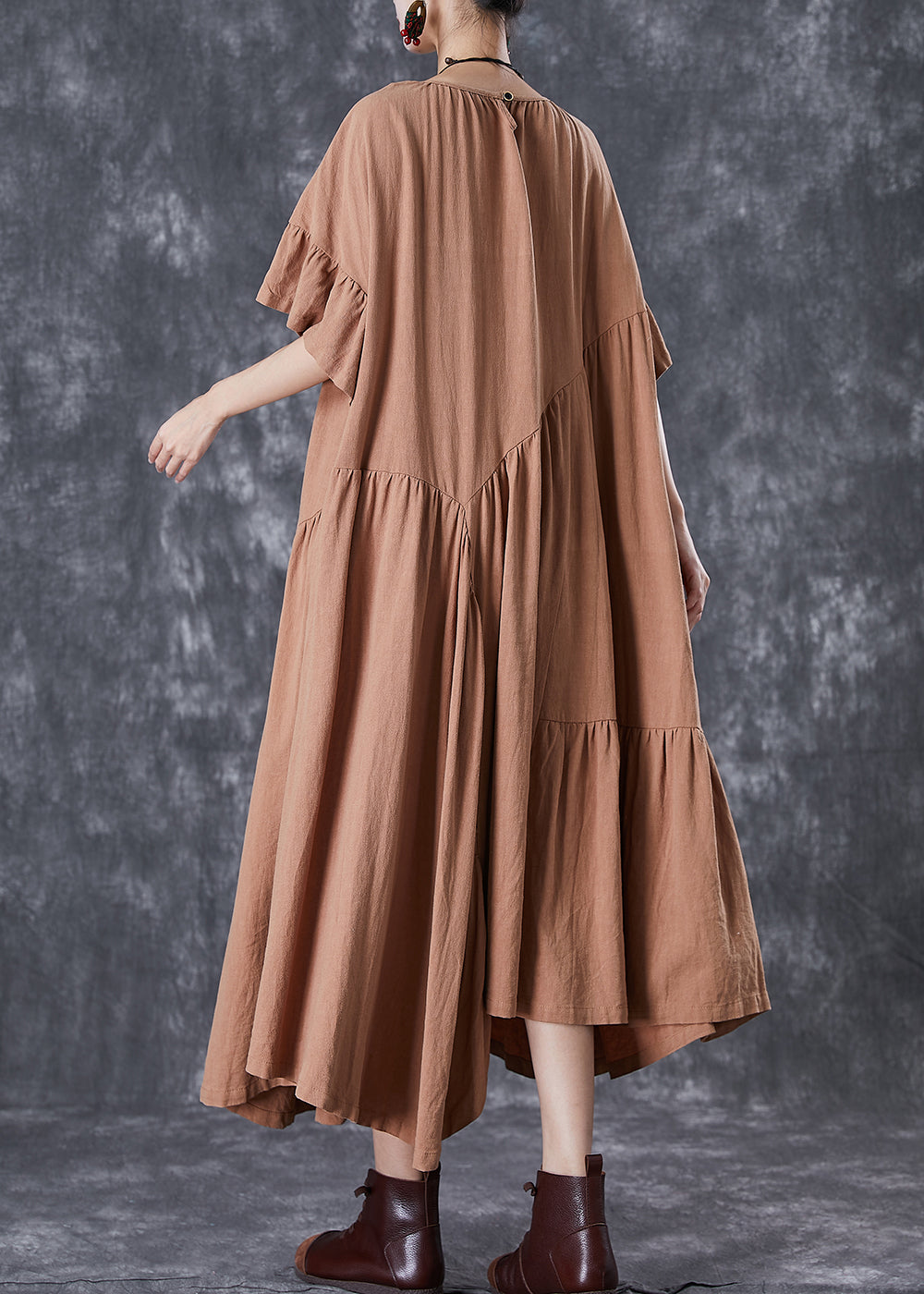 Stylish Khaki Asymmetrical Wrinkled Cotton Party Dress Flare Sleeve TD1062 - fabuloryshop