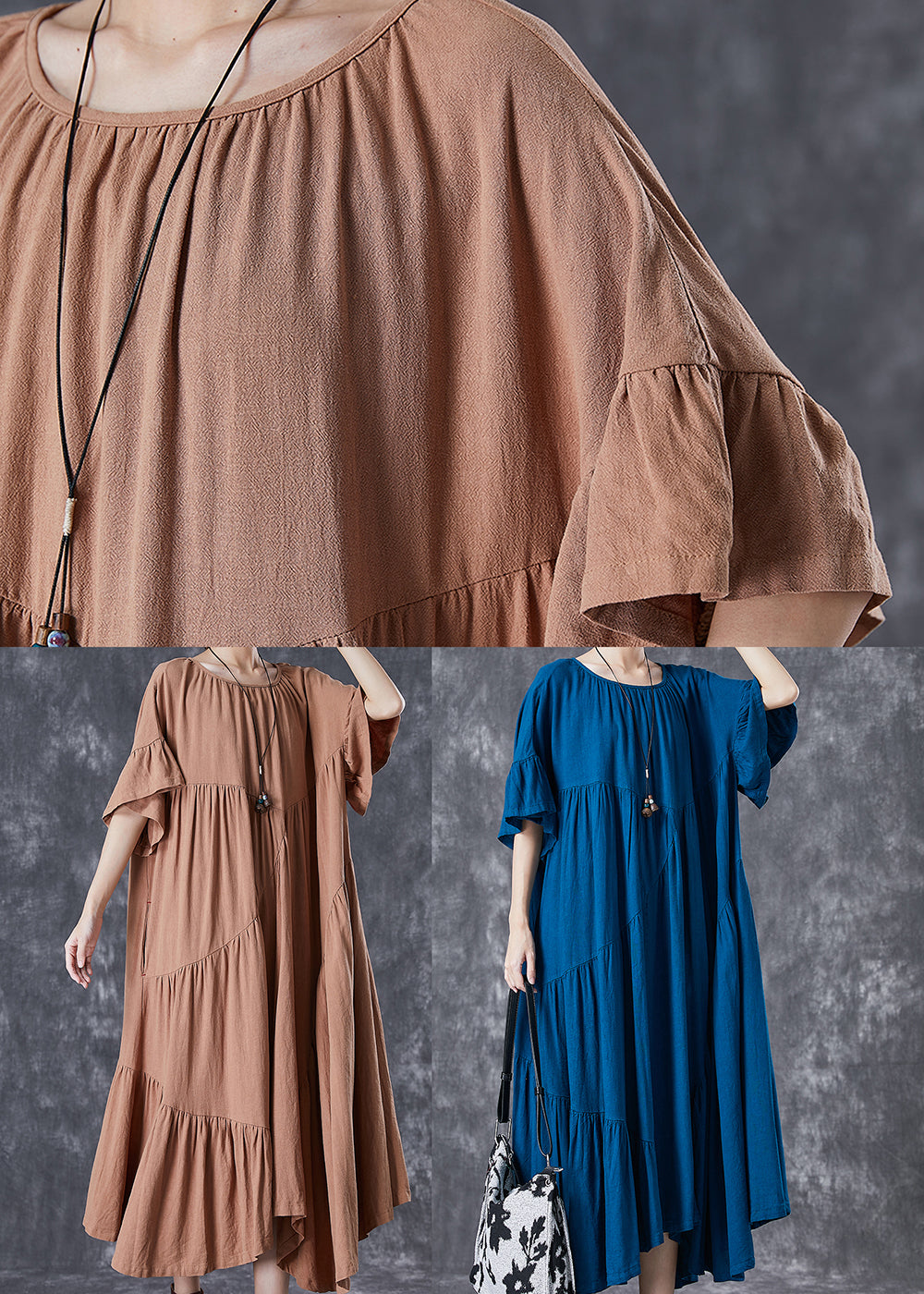 Stylish Khaki Asymmetrical Wrinkled Cotton Party Dress Flare Sleeve TD1062 - fabuloryshop