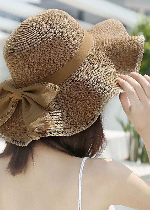Stylish Khaki Bow Beach Straw Woven Floppy Sun Hat LC0541 - fabuloryshop