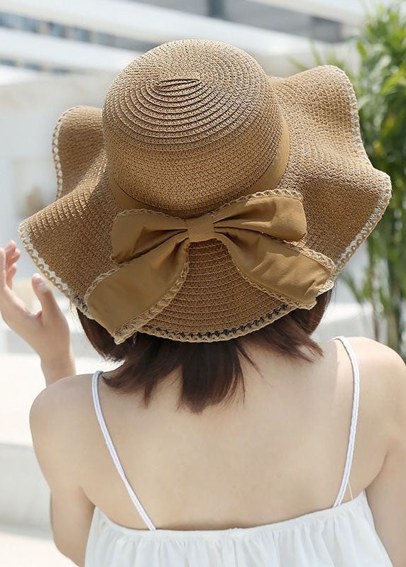 Stylish Khaki Bow Beach Straw Woven Floppy Sun Hat LC0541 - fabuloryshop