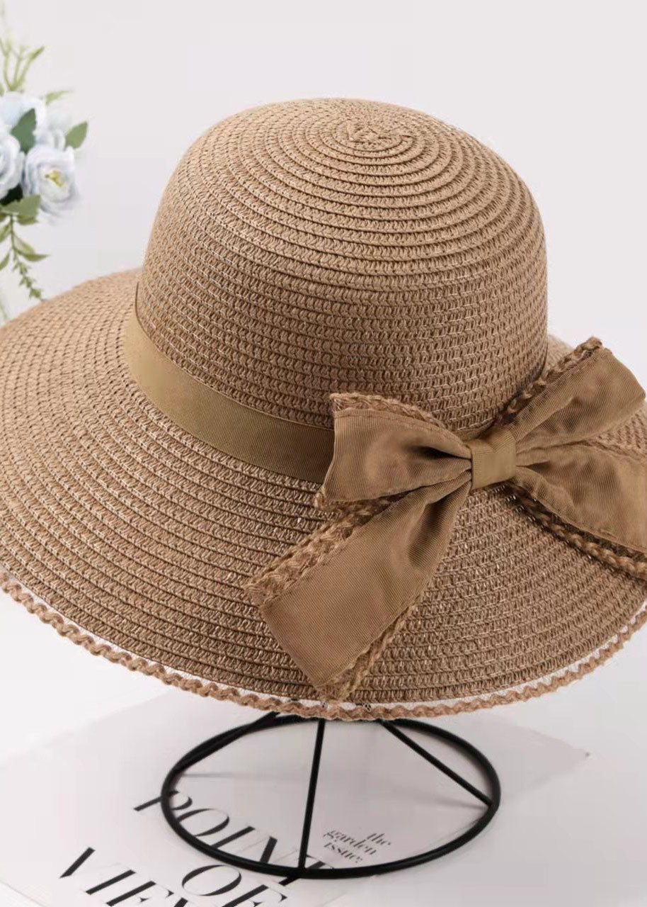 Stylish Khaki Bow Beach Straw Woven Floppy Sun Hat LC0541