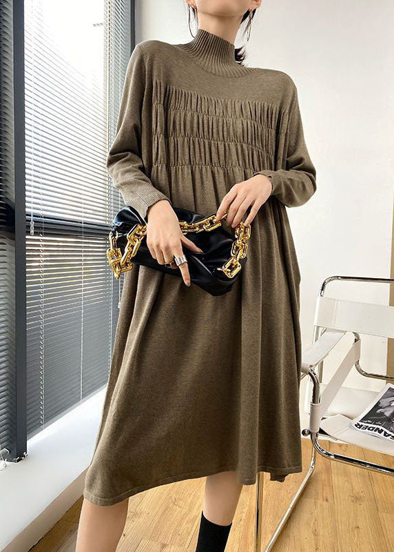 Stylish Khaki High Neck Oversized Wrinkled Knit Dresses Spring LY1482 - fabuloryshop