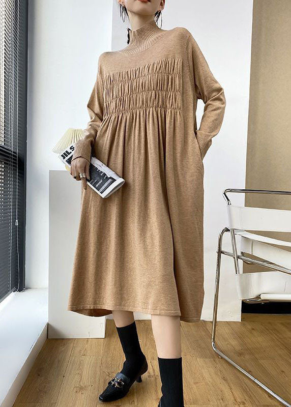 Stylish Khaki High Neck Oversized Wrinkled Knit Dresses Spring LY1482 - fabuloryshop