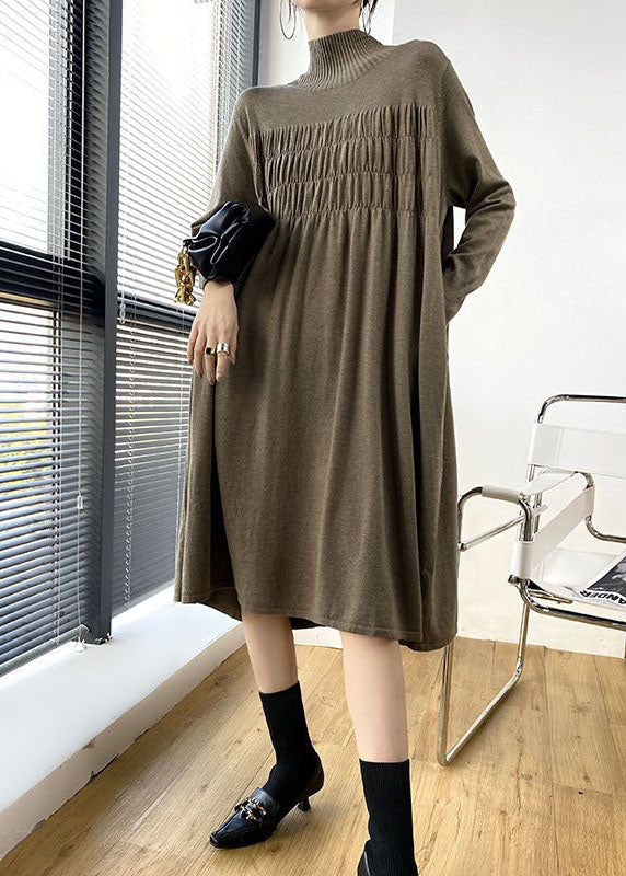 Stylish Khaki High Neck Oversized Wrinkled Knit Dresses Spring LY1482 - fabuloryshop