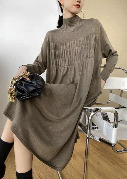 Stylish Khaki High Neck Oversized Wrinkled Knit Dresses Spring LY1482 - fabuloryshop