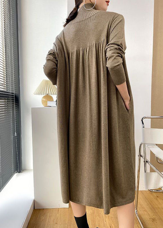 Stylish Khaki High Neck Oversized Wrinkled Knit Dresses Spring LY1482 - fabuloryshop